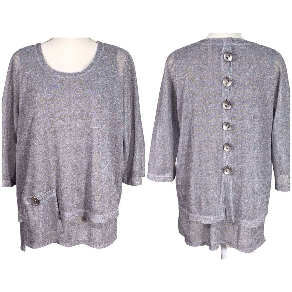 Ali Miles Lagenlook Layered Tunic Top Medium Silver Gray Mesh Button Detail